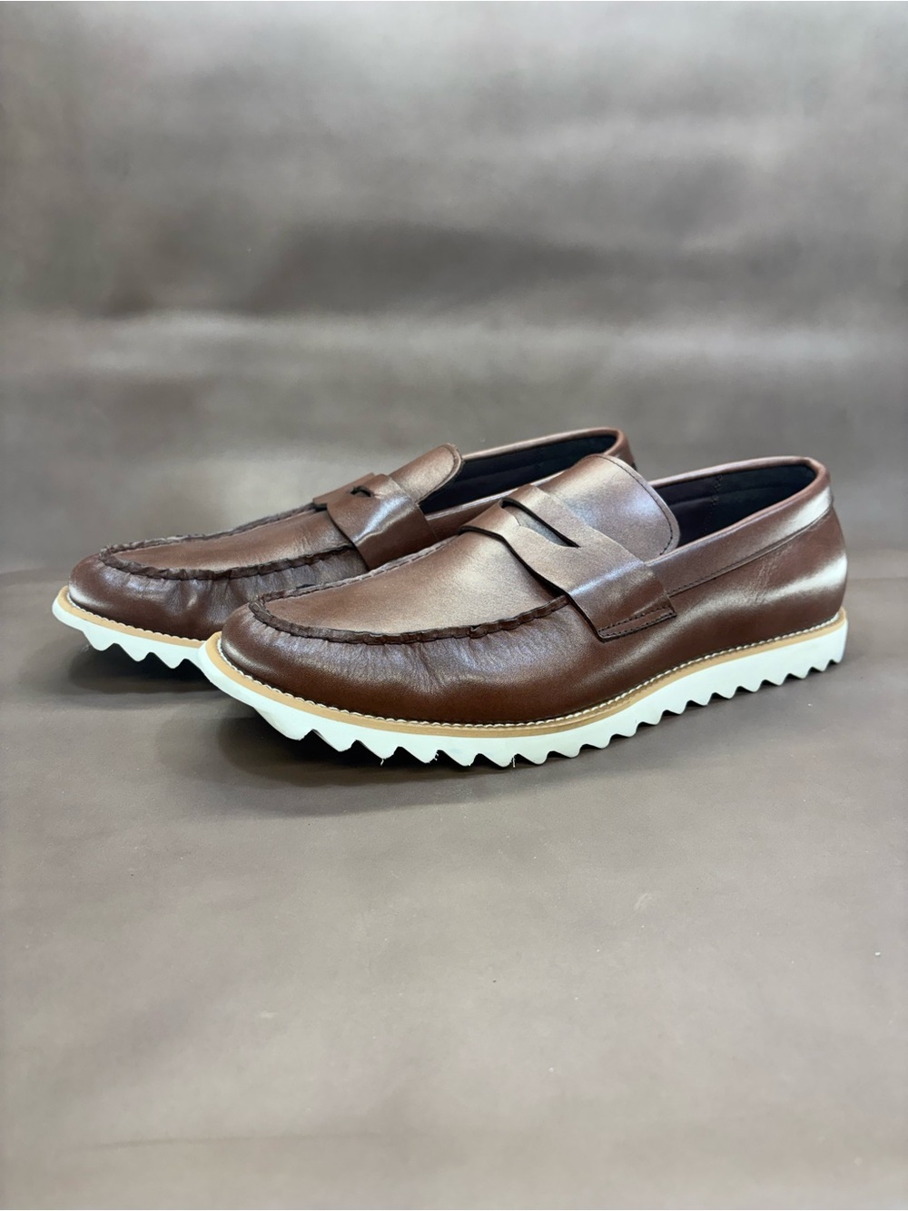 Penny Loafers, Brown Leather with White Sawtooth Sole, Banana Blues